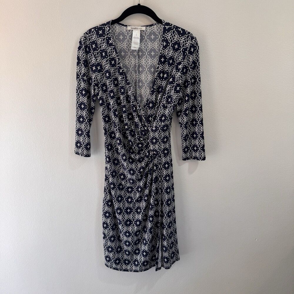 Laundry by Shelli Segal Shirt Dress 6 Faux Wrap Jersey Stretch Blue White V-neck